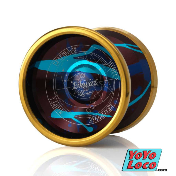 c3yoyodesign Eihwaz YoYo, Brown with Dark Blue and Vivid Blue Spash / Gold rim