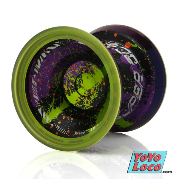 Super Scintillator YoYo by C3yoyodesign, Black, Purple and Green Splash with Purple stainless steel Rims and Green PC Wings.