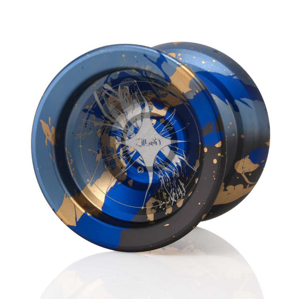 C3yoyodesign Zillion YoYo in blue, light blue, gold, and black splash colorway