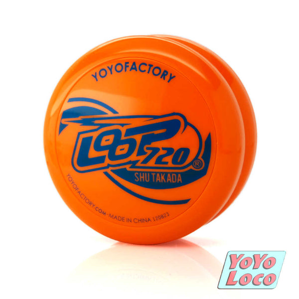 YoYoFactory Loop 720 YoYo, solid Orange with Blue priny