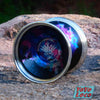 C3yoyodesign Krown Wst YoYo, Black / Pink / Blue acid wash with Silver rim. Photo outdoors, early autumn morning