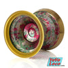 Super Scintillator YoYo by C3yoyodesign, Green and Pink Splash with Gold Rims and Yellow Wing.