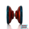 Motion Parallel Bimetal YoYo, Fire and Ice colorway: Red and Orange fade with Blue rims, profile view