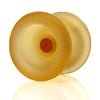 yoyofriends Carp YoYo in Yellow - amber-tinted translucent polycarbonate unresponsive yo-yo with orange axle hub, white background