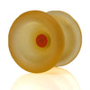 yoyofriends Carp YoYo in Yellow - amber-tinted translucent polycarbonate unresponsive yo-yo with orange axle hub, white background