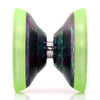 yoyofriends Clockwork bimetal yoyo Green / Blue / Purple-acidwash with raw SS rings and  Green PC rims - profile view