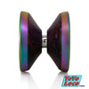 yoyofriends Nucleon YoYo Purple Orange Black Acid Wash with Blasted Rainbow Rings, profile view