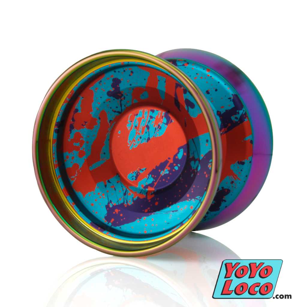 yoyofriends Papercut Bi-metal yoyo, Azure / Orange / Purple Splash with Rainbow rings