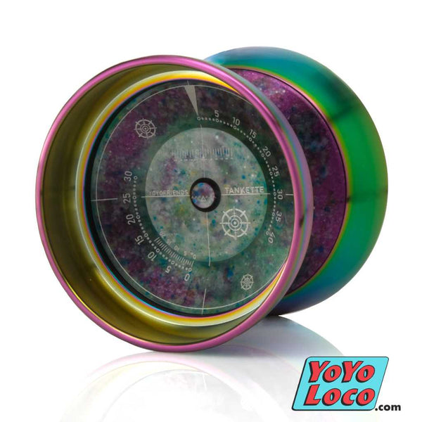 yoyofriends Tankette Bi-metal yoyo, Green / Blue / Purple Acid Wash with Rainbow Rings