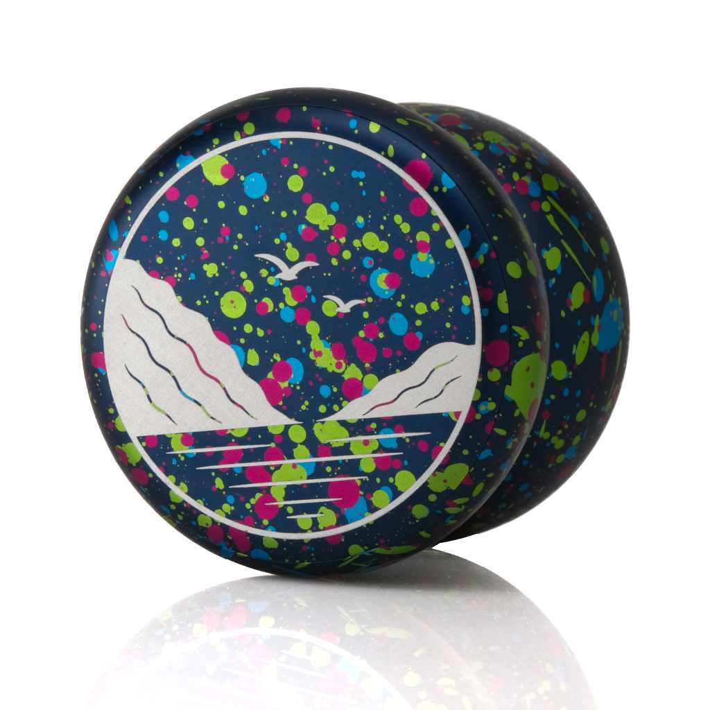 yoyofriends Tranquility YoYo in midnight blue with pink and green speckle colorway and mountain scene cap
