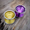 C3yoyodesign Progressiver Bi-Metal YoYos pair: Yellow with sandslasted Silver Ring and Special Edition Purple (forest photo)