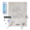 KROM Mini Metal Kendama, Clear/Silver, package contents unboxed